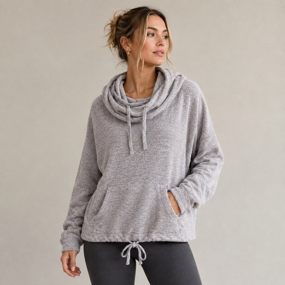 Barefoot Dreams Cozychic Lite Knit Funnel Neck Hoodie Light Gray 906 Size: Large